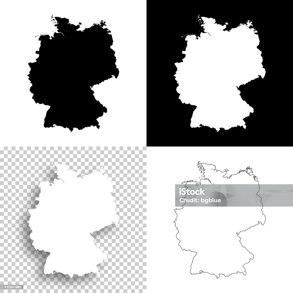 Germany maps for design - Blank, white and black backgrounds Map of Germany for your own design. With space for your text and your background. Four maps included in the bundle: - One black map on a white background. - One blank map on a black background. - One white map with shadow on a blank background (for easy change background or texture). - One blank map with only a thin black outline (in a line art style). The layers are named to facilitate your customization. Vector Illustration (EPS10, well layered and grouped). Easy to edit, manipulate, resize or colorize. Please do not hesitate to contact me if you have any questions, or need to customise the illustration. http://www.istockphoto.com/portfolio/bgblue Germany stock vector