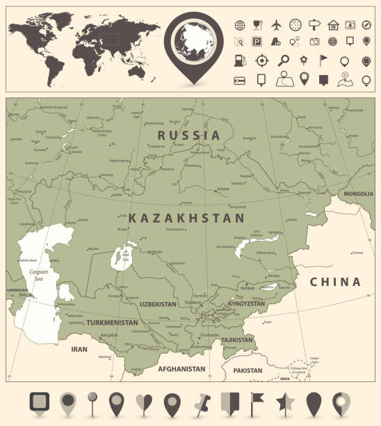 istock Central Asia Political Map and World Map with navigation icons 927398910