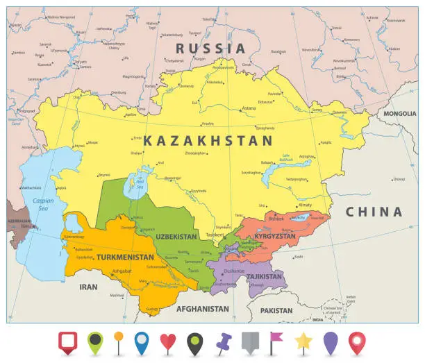 Vector illustration of Central Asia Political Map and flat map icons