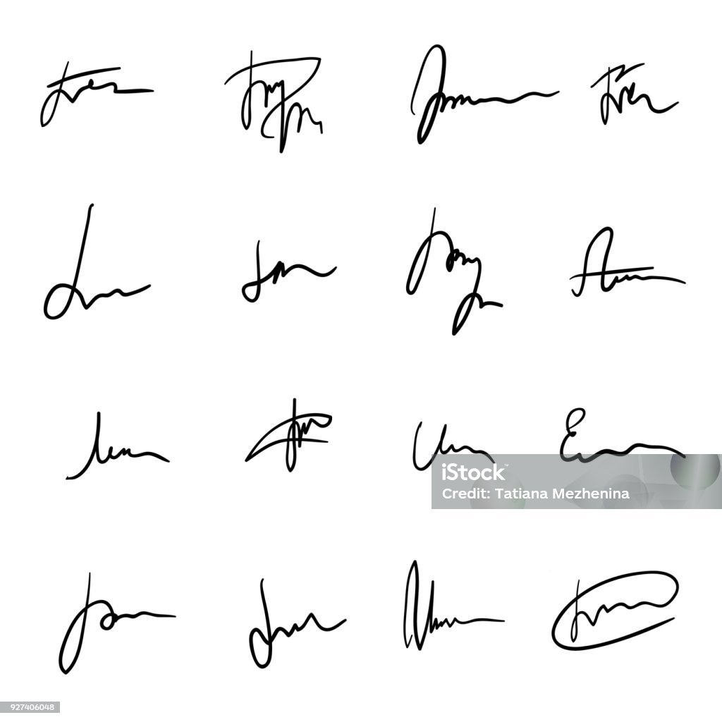 Set of black hand drawn sprawling signatures Set of unique black hand drawn sprawling signatures. Authentic-looking vector handwritten autographs collection for business documentation design Signature stock vector