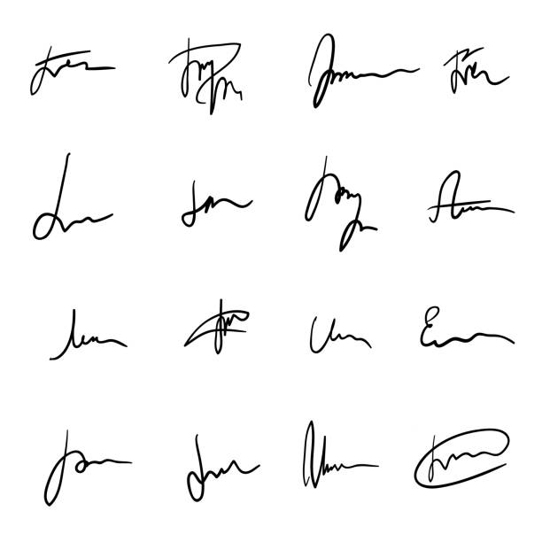 Set of black hand drawn sprawling signatures Set of unique black hand drawn sprawling signatures. Authentic-looking vector handwritten autographs collection for business documentation design signing stock illustrations