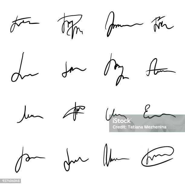 Set Of Black Hand Drawn Sprawling Signatures Stock Illustration - Download Image Now - Signature, Vector, Artificial