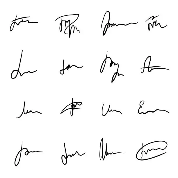 Vector illustration of Set of black hand drawn sprawling signatures