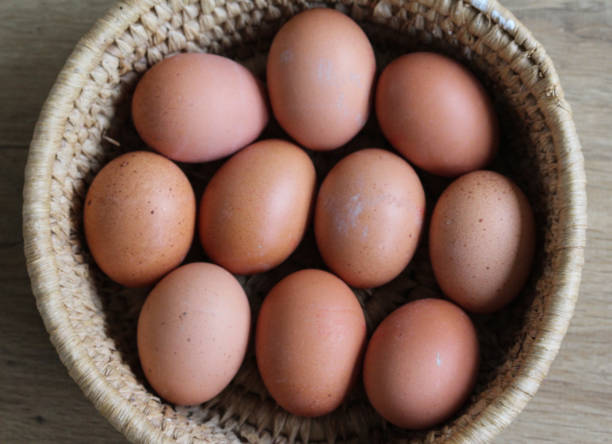 istock Brown chicken eggs in straw basket on wooden background in kitchen 927406072