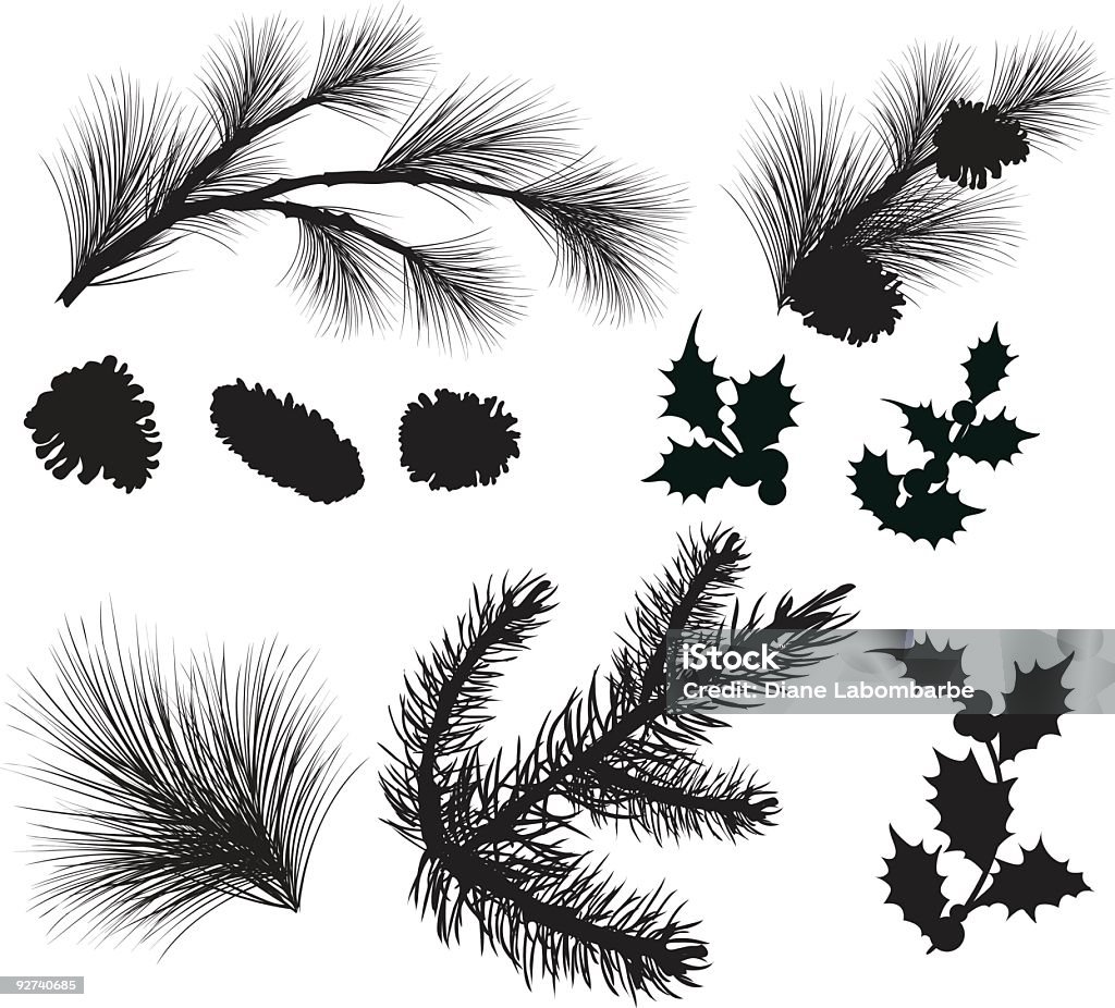 Evergreen Sprigs and Holly Leafs Silhouettes Clipart Evergreen tree elements silhouettes with various sized Pine cones and multiple sprigs of evergreen branches. Spruce and holly leaf with berries silhouettes. Elements can be manipulated and moved. Pine Tree stock vector