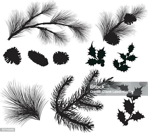 Evergreen Sprigs And Holly Leafs Silhouettes Clipart Stock Illustration - Download Image Now