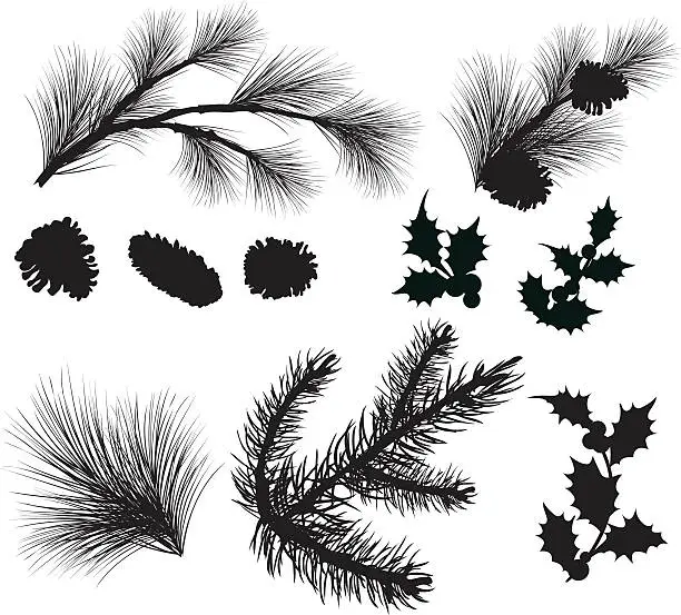 Vector illustration of Evergreen Sprigs and Holly Leafs Silhouettes Clipart