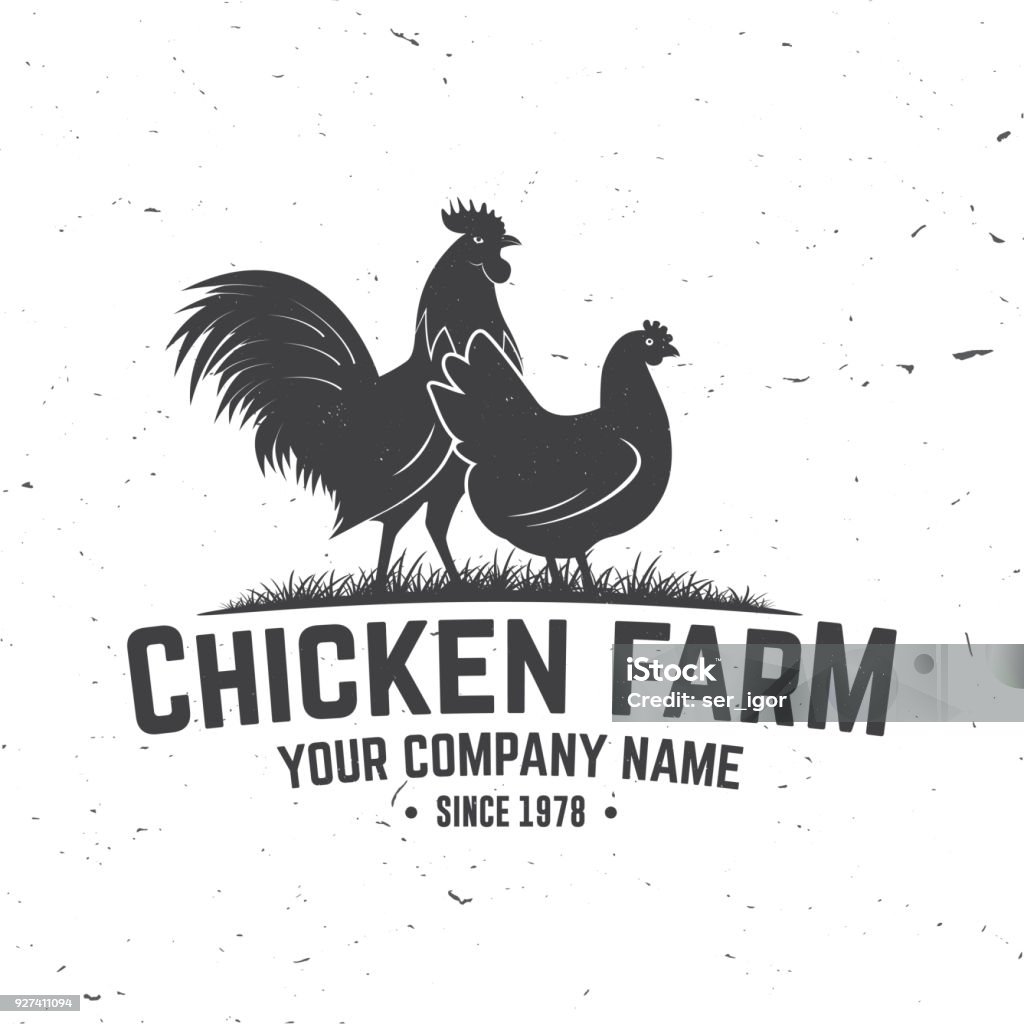 Chicken Farm Badge or Label. Vector illustration Chicken Farm Badge or Label. Vector illustration. Vintage typography design with chickens silhouette. Elements on the theme of the chicken farming business. Farm insignia and patches isolated on white Chicken - Bird stock vector