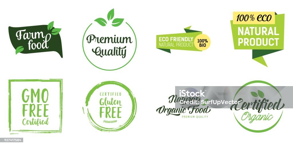 Natural Food Lettering Set Natural food lettering set. Healthy nutrition, gluten and GMO free, organic products. Calligraphy, handwritten text can be used for leaflets, posters, banners, labels Healthy Eating stock vector