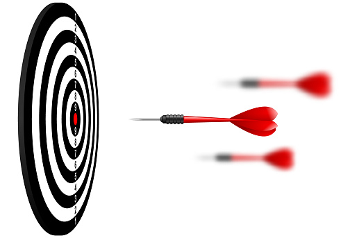 Vector red dart arrows flying to target dartboard. Metaphor to target success, winner concept. Isolated on white background