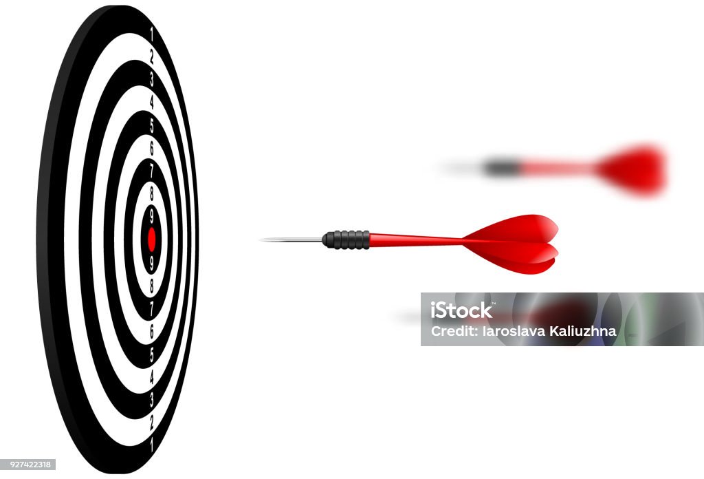 Vector red dart arrows flying to target dartboard. Metaphor to target success, winner concept. Isolated on white background Darts stock vector