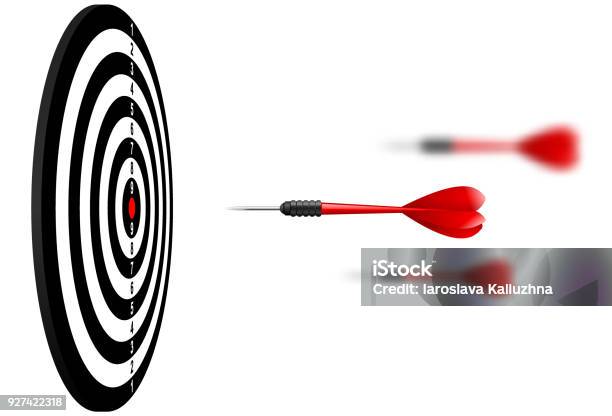 Vector Red Dart Arrows Flying To Target Dartboard Metaphor To Target Success Winner Concept Isolated On White Background Stock Illustration - Download Image Now