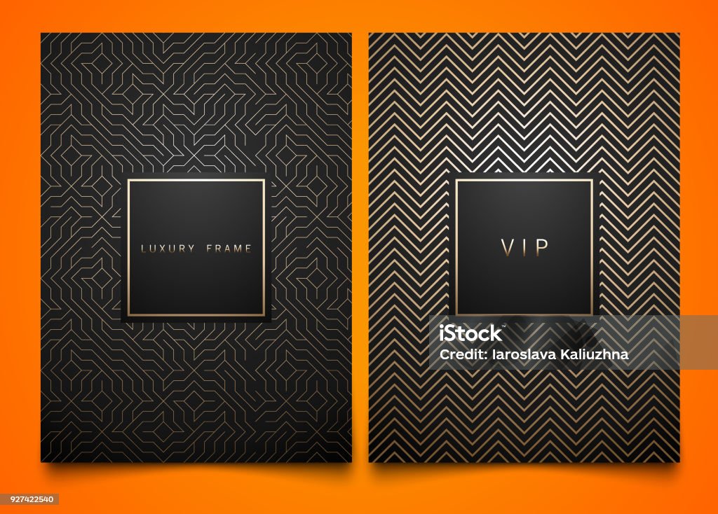 Vector set black packaging templates with different golden linear geometric pattern texture for luxury product. Trendy design for symbol. Square frame Pattern stock vector