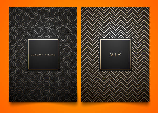 Vector set black packaging templates with different golden linear geometric pattern texture for luxury product. Trendy design for symbol. Square frame Vector set black packaging templates with different golden linear geometric pattern texture for luxury product. Trendy design for symbol. Square frame gold metal silhouettes stock illustrations