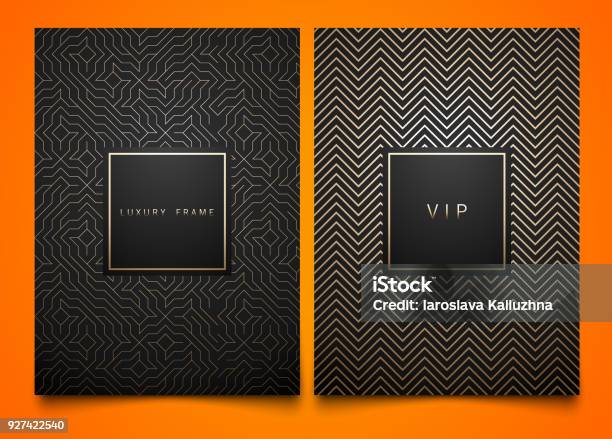 Vector Set Black Packaging Templates With Different Golden Linear Geometric Pattern Texture For Luxury Product Trendy Design For Symbol Square Frame Stock Illustration - Download Image Now