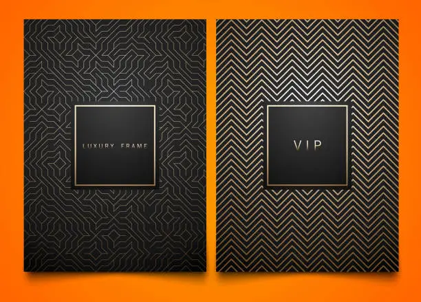 Vector illustration of Vector set black packaging templates with different golden linear geometric pattern texture for luxury product. Trendy design for symbol. Square frame