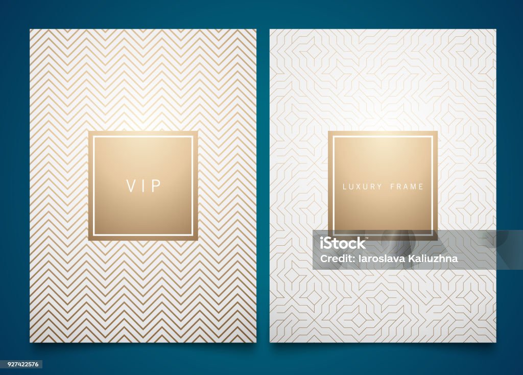 Vector set white packaging templates with different golden linear geometric pattern texture for luxury product. Trendy design for symbol Luxury stock vector