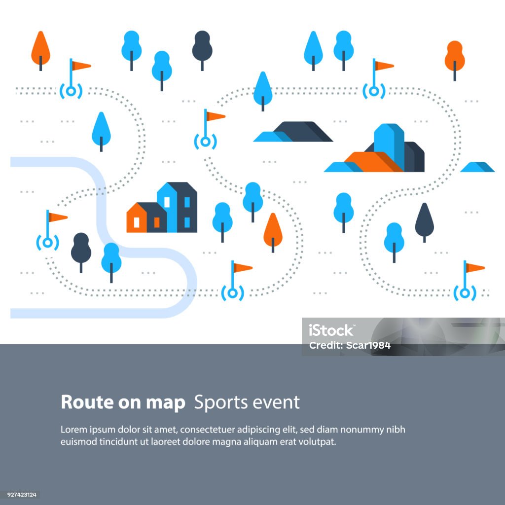 Trail Karte mit Flaggen, Outdoor-Sportart, Landschaft, Wandern Route - Lizenzfrei Weg Vektorgrafik