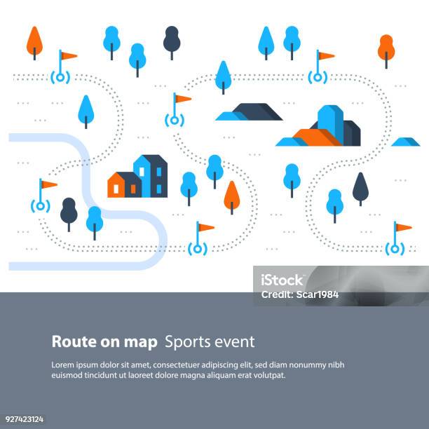 Trail Map With Flags Outdoor Sport Activity Countryside Landscape Hiking Itinerary Stock Illustration - Download Image Now