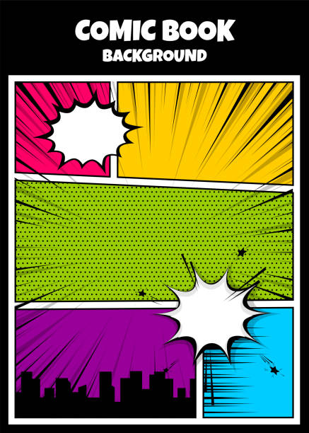 Color comics book cover vertical backdrop Blank humor graphic. Pop art comics book magazine cover template. Cartoon funny vintage strip comic superhero, text speech bubble balloon, box message, burst bomb. Vector colored halftone illustration comic book outline stock illustrations