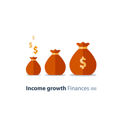 Capital evaluation, future income growth, ascending money bags, return on investment increase, break even concept, time is money, pension fund savings, superannuation, fundraising vector flat icon