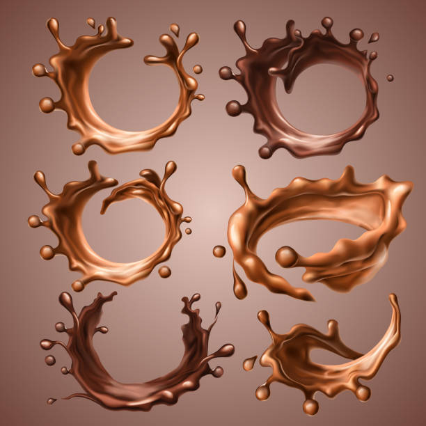 ilustrações de stock, clip art, desenhos animados e ícones de set of realistic splashes and drops of melted milk and dark chocolate. dynamic circle splashes of whirl liquid chocolate, hot coffee, cocoa. design elements for packaging. vector 3d illustration - hot chocolate hot drink heat drinking