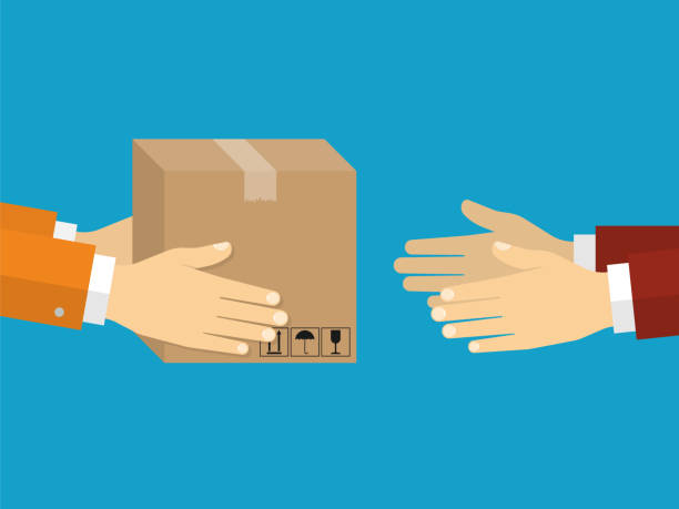 Receiving package from courier to customer. Delivery concept Receiving package from courier to customer. Delivery concept. Flat design style hand holding gift stock illustrations