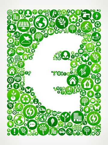 Euro Nature and Environmental Conservation Icon Pattern. The green buttons completely fill the main object and vary in size and in the shade of the green color. Each button has a white nature and environmental conservation icon on it. The icons represent classic environmental themes such as recycling, trees, alternative energy, and other themes associated with conservation efforts. The background is light in color.