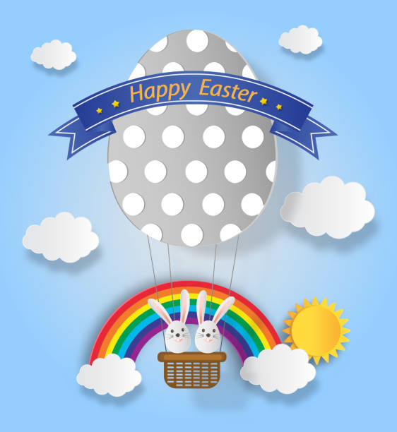 illustrations, cliparts, dessins animés et icônes de les idées créatives de joyeux jour de pâques avec le lapin et le ballon oeuf forme flottant au-dessus des nuages sur le ciel bleu. papier d’art et artisanat numérique style. vector illustration - eggs animal egg sky rainbow