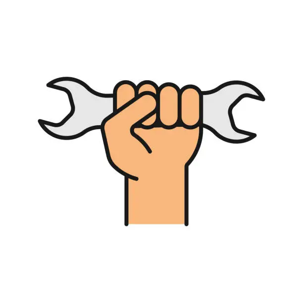 Vector illustration of Hand holding wrench icon