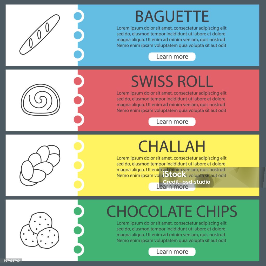 Bakery icons Bakery vector web banner templates set. Baguette, swiss roll, challah, chocolate chips Cookie stock vector