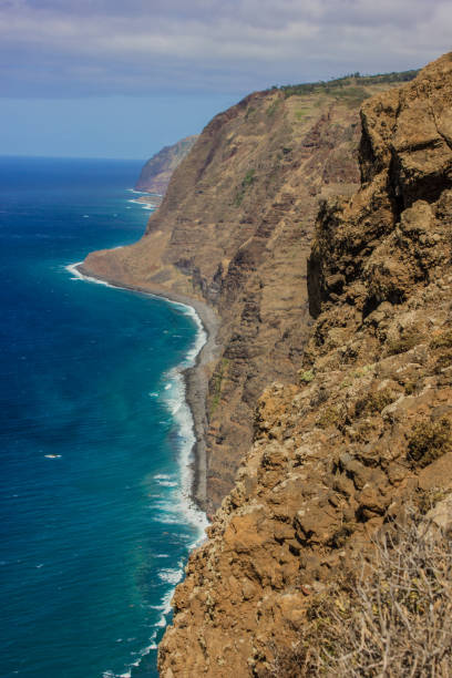 istock Coastline of Madeira with high cliffs along the Atlantic Ocean. blue sky 927437044