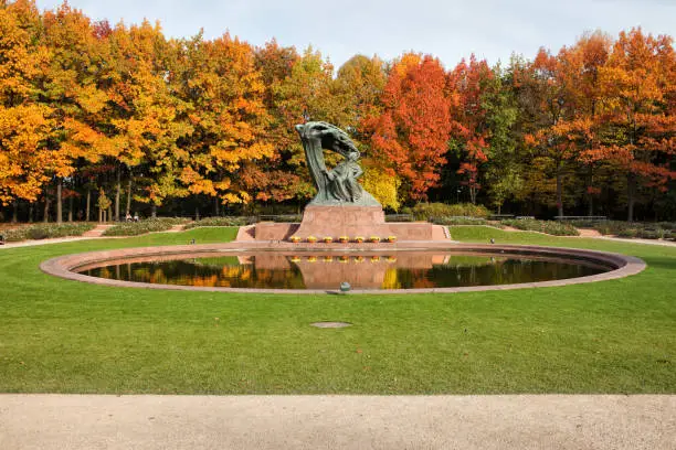 Fryderyk Chopin monument, designed around 1904 and autumn scenery of Royal Lazienki Park in Warsaw, Poland