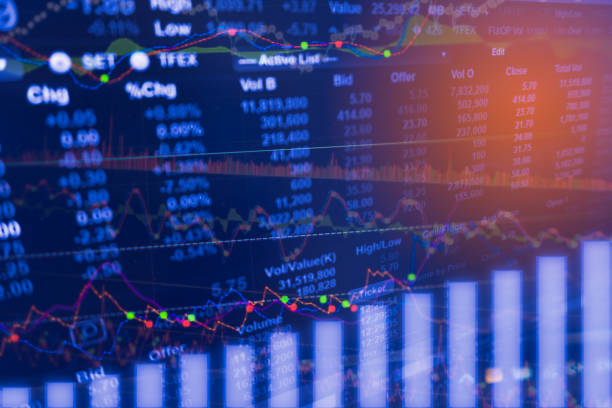istock Digital data indicator analysis on financial market trade chart on LED. Concept Stock data trade. Double exposure style 927447134