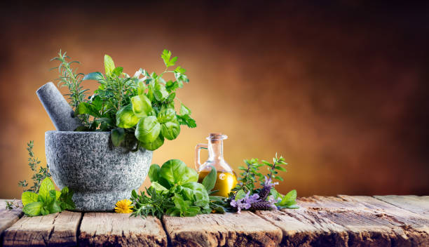 istock Aromatic Herbs With Mortar - Fresh Spices For Cooking 927447284