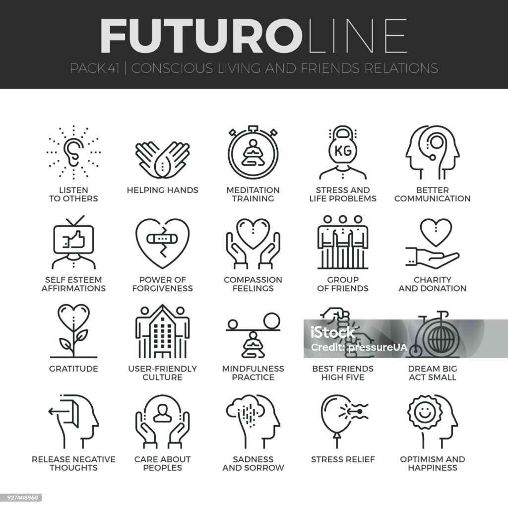 Conscious Living Futuro Line Icons Set Modern thin line icons set of conscious living, friends relations and emotions. Premium quality outline symbol collection. Simple mono linear pictogram pack. Stroke vector  concept for web graphics. Icon Symbol stock vector