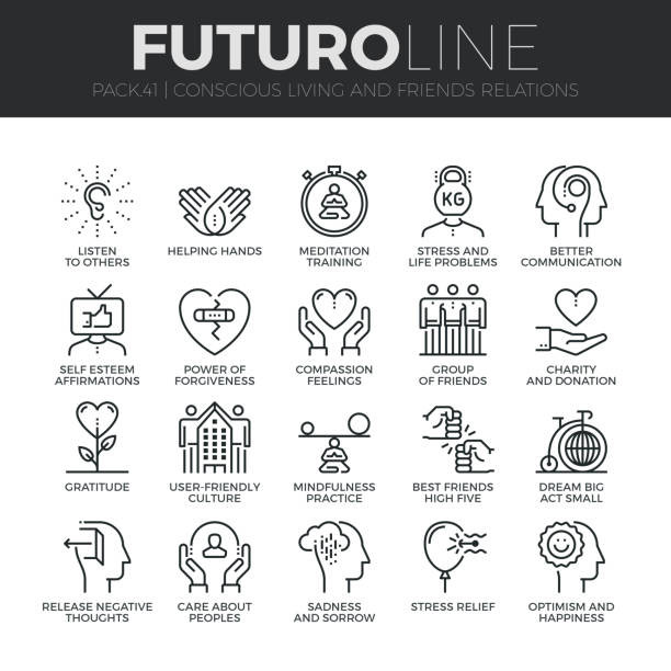 Conscious Living Futuro Line Icons Set Modern thin line icons set of conscious living, friends relations and emotions. Premium quality outline symbol collection. Simple mono linear pictogram pack. Stroke vector  concept for web graphics. patient icons stock illustrations
