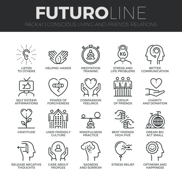 Conscious Living Futuro Line Icons Set Modern thin line icons set of conscious living, friends relations and emotions. Premium quality outline symbol collection. Simple mono linear pictogram pack. Stroke vector  concept for web graphics. practicing stock illustrations