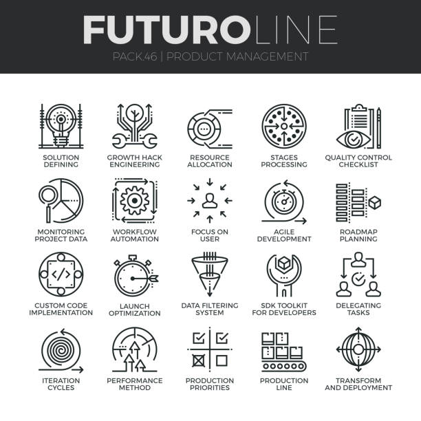 ilustrações de stock, clip art, desenhos animados e ícones de product management futuro line icons set - flow chart strategy analyzing chart