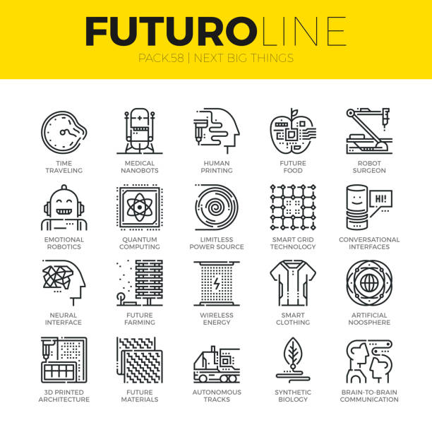 Next Big Things Futuro Line Icons Unique thin line icons set of new future innovations in technology. Premium quality outline symbol collection. Modern linear pictogram pack of metaphors. Stroke vector  concept for web graphics. smart grid stock illustrations