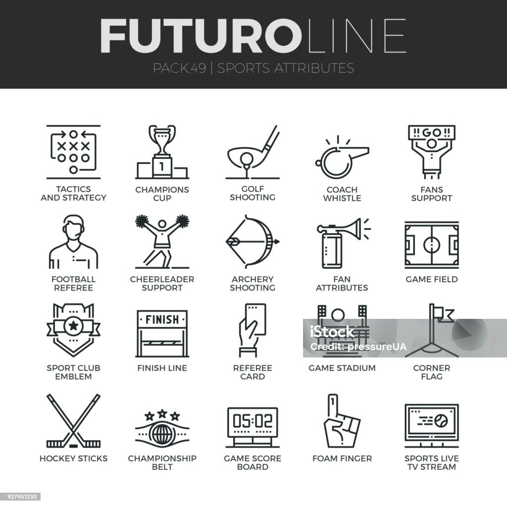 Sports Attributes Futuro Line Icons Set Modern thin line icons set of sports attributes, fans support, club emblem. Premium quality outline symbol collection. Simple mono linear pictogram pack. Stroke vector  concept for web graphics. Coach stock vector