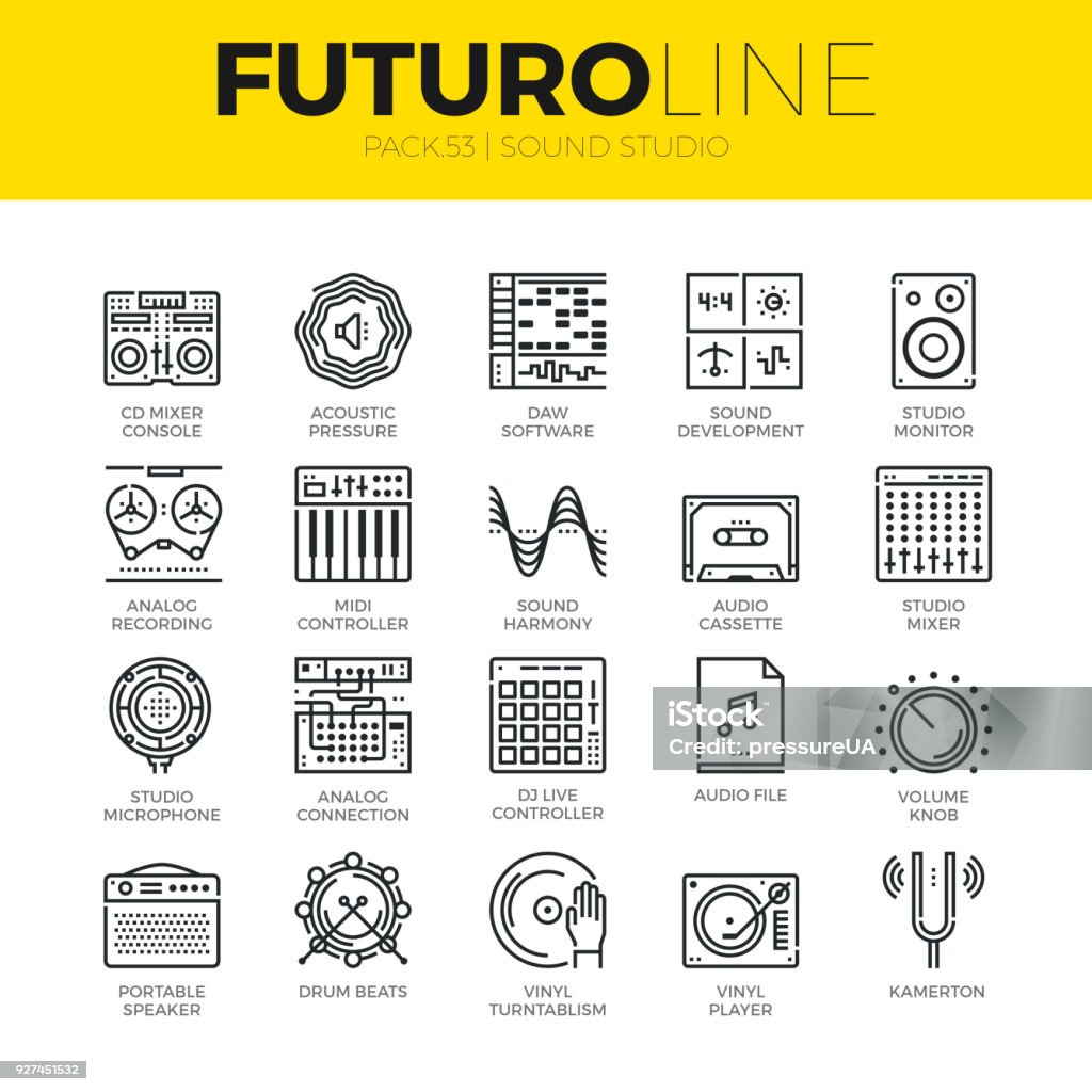 Sound Studio Futuro Line Icons Unique thin line icons set of sound studio devices and music making. Premium quality outline symbol collection. Modern linear pictogram pack of metaphors. Stroke vector  concept for web graphics. Volume Knob stock vector