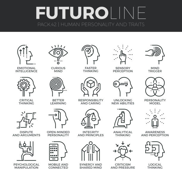 Human Personality Futuro Line Icons Set Modern thin line icons set of human personality, thinking traits, mind abilities. Premium quality outline symbol collection. Simple mono linear pictogram pack. Stroke vector  concept for web graphics. sense of science and technology stock illustrations