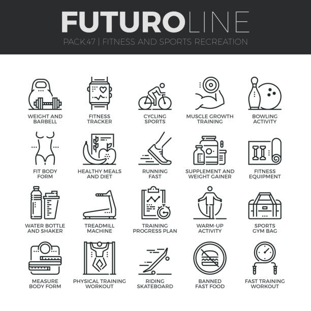 Fitness Recreation Futuro Line Icons Set Modern thin line icons set of fitness gym equipment, sports recreation activity. Premium quality outline symbol collection. Simple mono linear pictogram pack. Stroke vector  concept for web graphics. athletic trainer stock illustrations