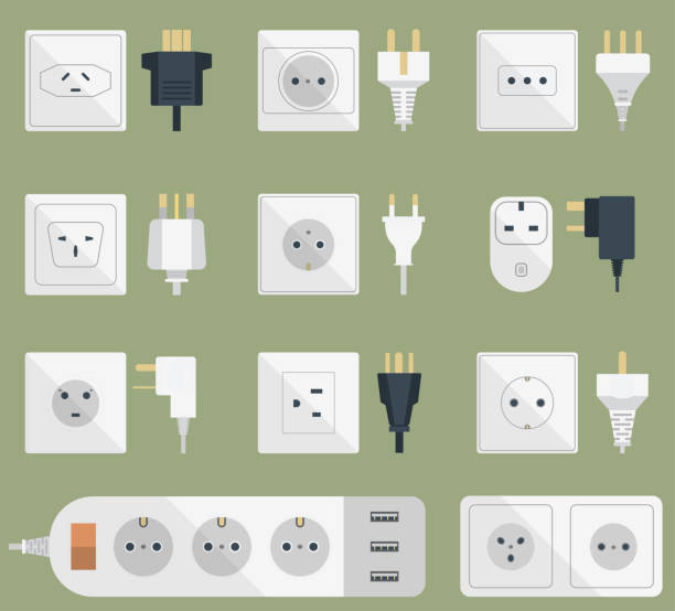 illustrations, cliparts, dessins animés et icônes de prises de courant pile sortie illustration énergie prise électrique se branche européenne et les etats-unis, icône intérieur appareil de l’asie. fil câble cordon connecteur mâle prises électriques se branche américaine double - electric plug outlet electricity cable