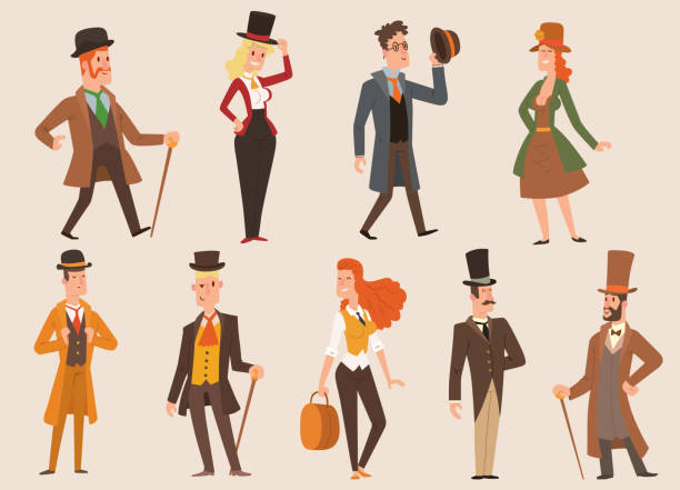 ilustrações de stock, clip art, desenhos animados e ícones de vintage victorian cartoon gents retro people vector. style fashion old people victorian gentleman clothing antique century character victorian gent people vintage wild west man and woman style - illustration and painting engraving old fashioned engraved image