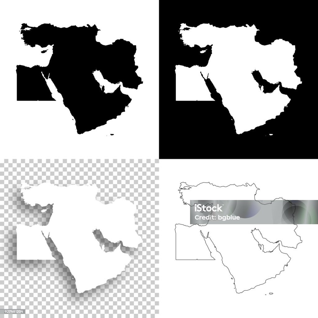 Middle East maps for design - Blank, white and black backgrounds Map of Middle East for your own design. With space for your text and your background. Four maps included in the bundle: - One black map on a white background. - One blank map on a black background. - One white map with shadow on a blank background (for easy change background or texture). - One blank map with only a thin black outline (in a line art style). The layers are named to facilitate your customization. Vector Illustration (EPS10, well layered and grouped). Easy to edit, manipulate, resize or colorize. Please do not hesitate to contact me if you have any questions, or need to customise the illustration. http://www.istockphoto.com/portfolio/bgblue Middle East stock vector