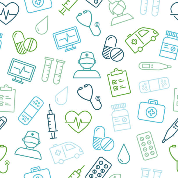 Medical Icons Seamless Pattern Medical icons seamless pattern - can be used for any medical and healthcare topics, as wallpaper, illustration or wrapping paper. medicine designs stock illustrations