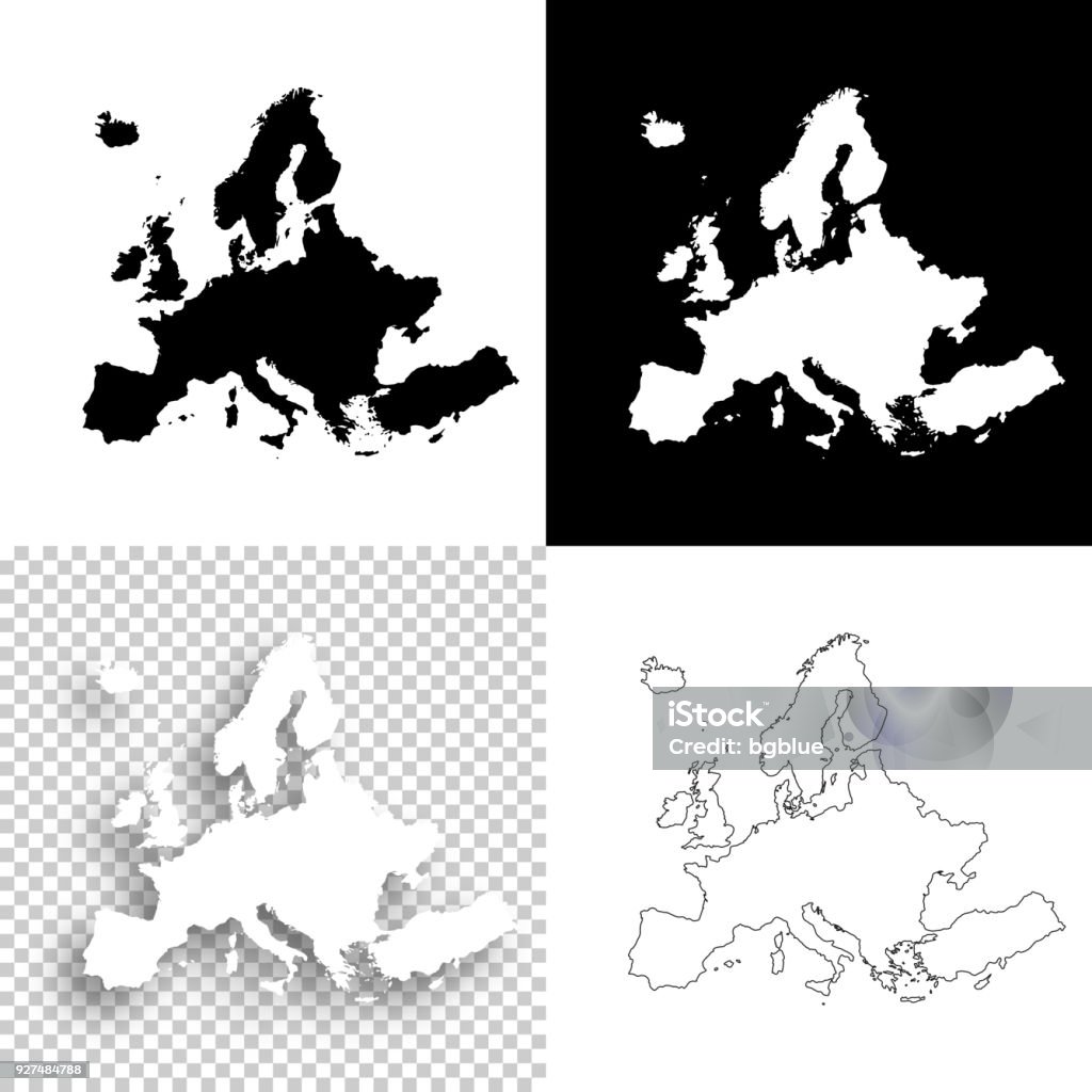 Europe maps for design - Blank, white and black backgrounds Map of Europe for your own design. With space for your text and your background. Four maps included in the bundle: - One black map on a white background. - One blank map on a black background. - One white map with shadow on a blank background (for easy change background or texture). - One blank map with only a thin black outline (in a line art style). The layers are named to facilitate your customization. Vector Illustration (EPS10, well layered and grouped). Easy to edit, manipulate, resize or colorize. Please do not hesitate to contact me if you have any questions, or need to customise the illustration. http://www.istockphoto.com/portfolio/bgblue Europe stock vector