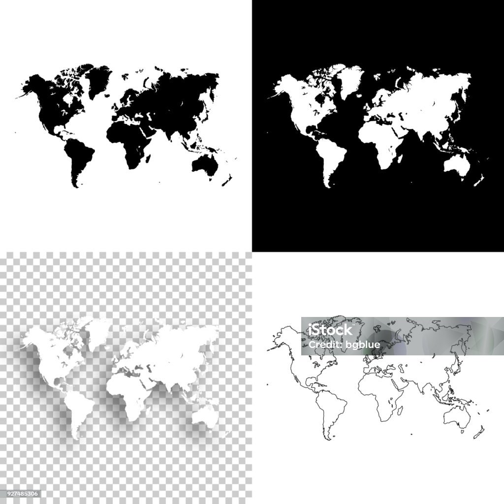 World maps for design - Blank, white and black backgrounds Map of World for your own design. With space for your text and your background. Four maps included in the bundle: - One black map on a white background. - One blank map on a black background. - One white map with shadow on a blank background (for easy change background or texture). - One blank map with only a thin black outline (in a line art style). The layers are named to facilitate your customization. Vector Illustration (EPS10, well layered and grouped). Easy to edit, manipulate, resize or colorize. Please do not hesitate to contact me if you have any questions, or need to customise the illustration. http://www.istockphoto.com/portfolio/bgblue World Map stock vector